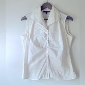 Randy Kemper White Sleeveless Blouse, Ruched Ruffle